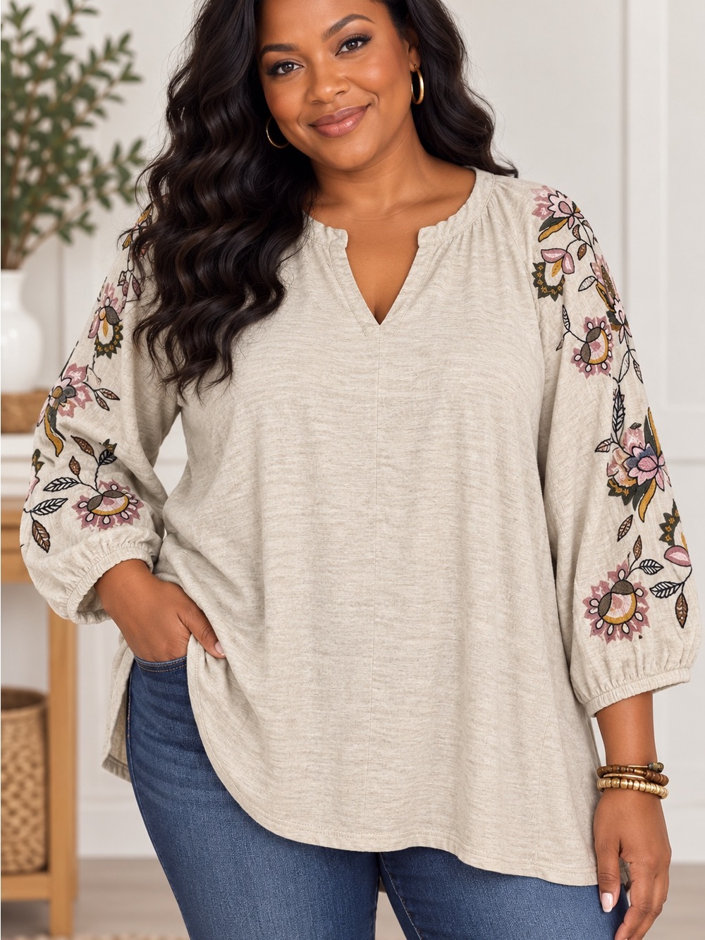 J. Jill Large Embroidered Floral Sleeve Tunic Top Oatmeal Boho 3/4 Sleeve